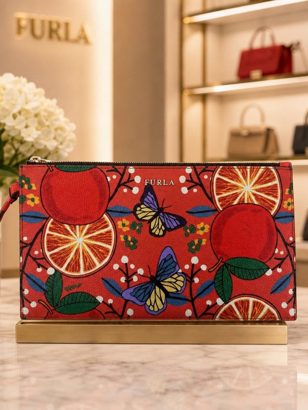 Furla Butterflies & Oranges Leather Zip Wristlet